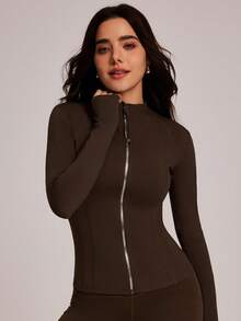 VUTRU Women's Fitted Sports Jacket With Thumb Hole And Stand Collar Spring - Coffee Brown - View 6