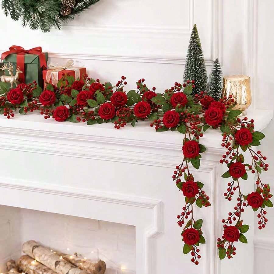 2pcs/Set Christmas Wedding Artificial Red Berry Rose Vine, Suitable For Wedding, Christmas, Anniversary, Proposal, Romantic Holiday Decoration, Party Backdrop Arrangement - Multicolor - View 1