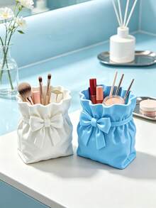 Cute Bow Decor Makeup Brush Holder, PU Leather Drawstring Bag Style Cosmetic Storage Cup, Desktop Vanity Organizer Box, Suitable For Lipstick, Eyebrow Pencil, Women's Makeup Table Decor Gift - Multicolor - View 9