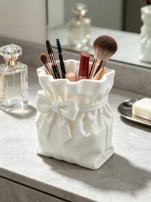 Cute Bow Decor Makeup Brush Holder, PU Leather Drawstring Bag Style Cosmetic Storage Cup, Desktop Vanity Organizer Box, Suitable For Lipstick, Eyebrow Pencil, Women's Makeup Table Decor Gift - Multicolor - View 14