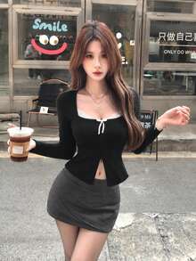 2026 Pure Desire Style Bow-Knit Top, Square Neck Zipper Fitted Black Ribbed Sweater, Sexy Lady Knitwear, Suitable For Autumn/Winter Daily, Date, Commute, Christmas, New Year, Outing, Commute, Date Sweater Top - Black - View 3