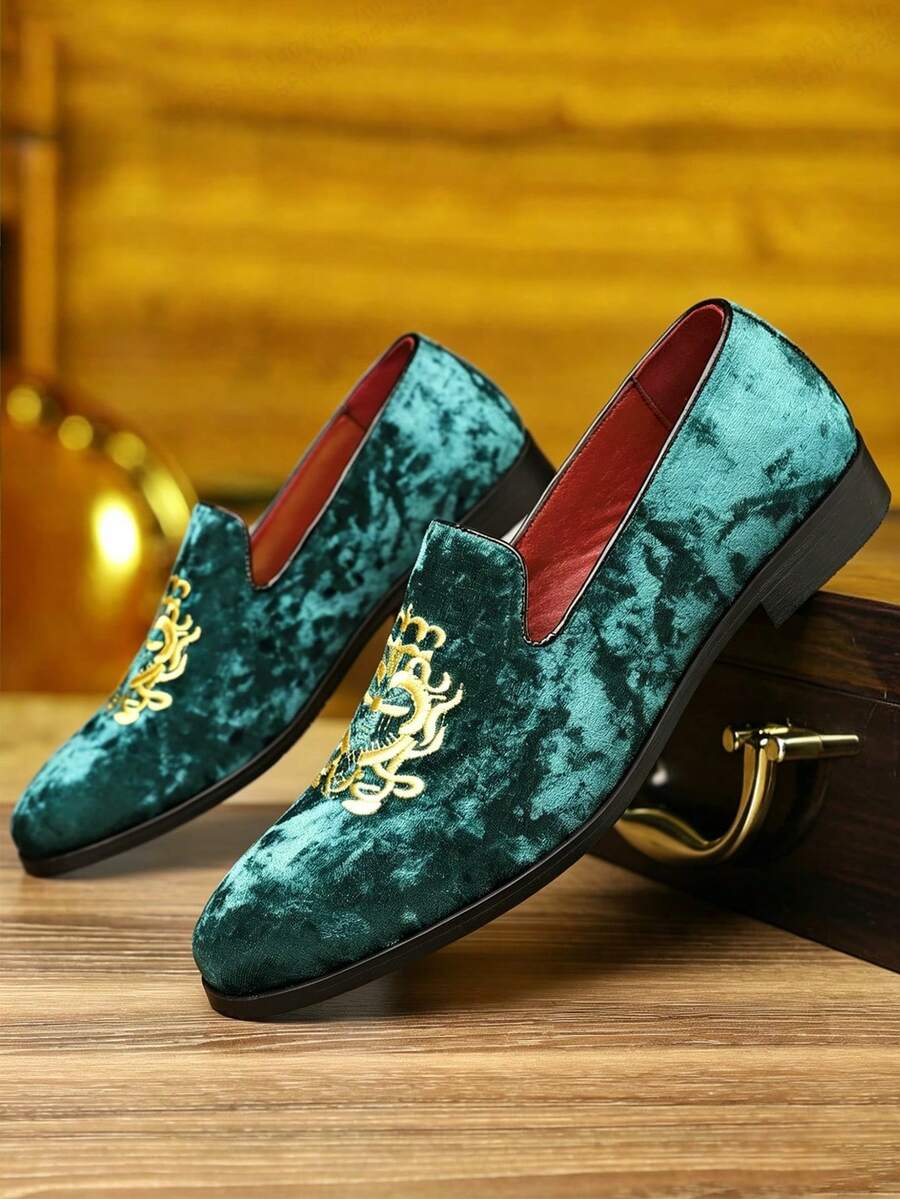 QRLQRL 1 Pair Men's Low Heel Round Toe Low-Top Slip-On PU Velvet Fabric Embroidered Comfortable Fit Casual Loafers - Green - View 1
