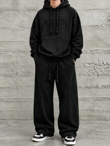 HEYKESON Setelan Olahraga Kasual Longgar 2 Potong untuk Pria: Hoodie & Celana Jogging Kaki Lebar - Hitam - View 5