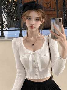 Autumn/Winter New Bow Ribbon Sexy Style Fitted Short Cardigan With Frill Trim, Single-Breasted Metal Buttons, Long Sleeves, Suitable For Outings, Dates, Vacations, Parties, Commuting - Milky White - View 3