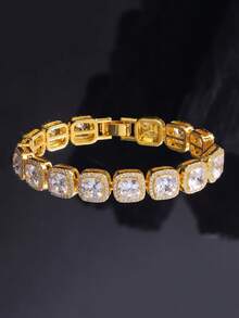 1pc 12mm Wide Zinc Alloy Rhinestone Square Cuban Link Bracelet, Unisex Heavy Thick Side Chain, Men's Jewelry, Gift For Men, Hip Hop Street Style, Suitable For Daily Wear, Stage Performance, Party And Birthday Gift - A - View 4