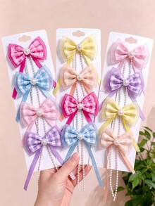 2/6/12pcs/Set Pearl Flower Tassel Ribbon Bow Hair Clips, Sweet Hair Accessories - Suitable For Girls And Women, Applicable For Daily Wear, Vacation, Date, Party - Multicolor - View 1