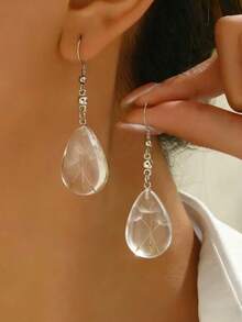 1pc Dandelion Flower Pattern Water Drop Earrings, Vintage Minimalist Style, Suitable For Women's Daily Wear, Gift Style, Elegant Jewelry Earrings, Holiday Outfit - Silver - View 1