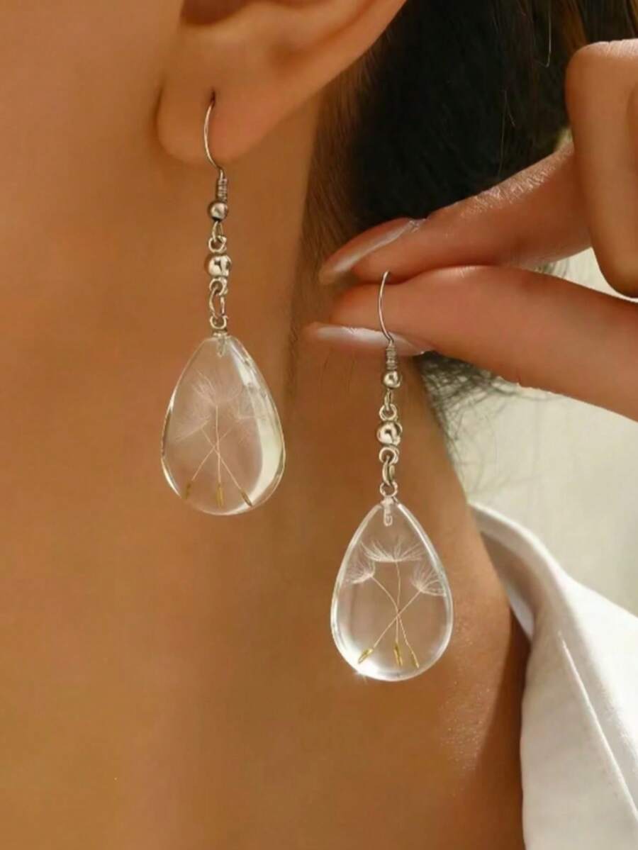 1pc Dandelion Flower Pattern Water Drop Earrings, Vintage Minimalist Style, Suitable For Women's Daily Wear, Gift Style, Elegant Jewelry Earrings, Holiday Outfit - Silver - View 1