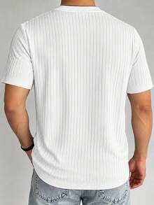Suéter de punto blanco liso con cuello redondo y manga corta, acanalado vertical, ajuste ceñido, textura casual, para verano, primavera y otoño - Blanco - Ver 4