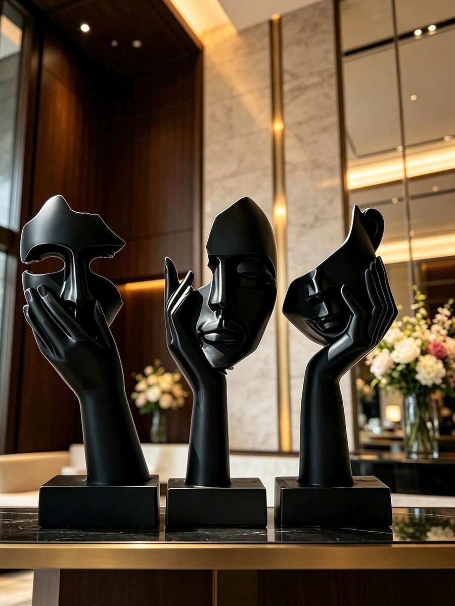 3pcs Black Abstract Face Statue Set, Modern Minimalist Thinker Mask Sculpture, Silent Statue, Nordic Style Desktop Decor Gift, Suitable For Painting/Valentine's Day/Christmas/Halloween (Series) - Multicolor - View 1