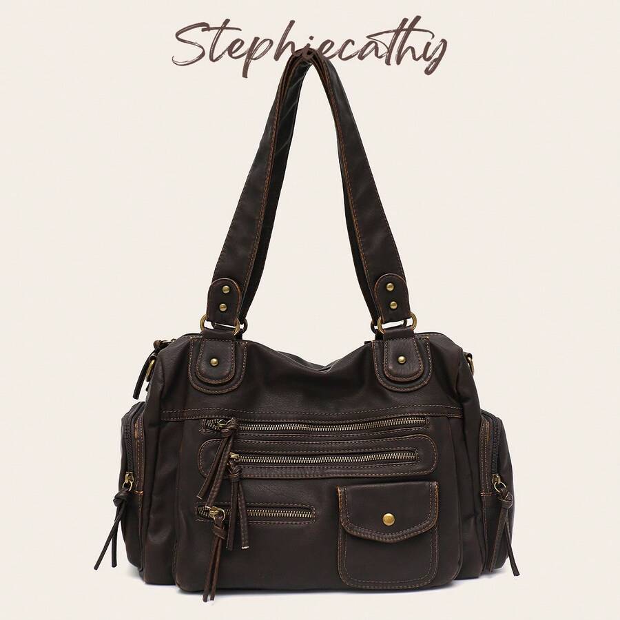 STEPHIECATHY Solid Color Washed PU Leather, Zipper Closure, Multi-Pocket Design, Adjustable Long Strap, Women's Shoulder Crossbody Bag, Casual & Practical - Coffee Brown - View 1