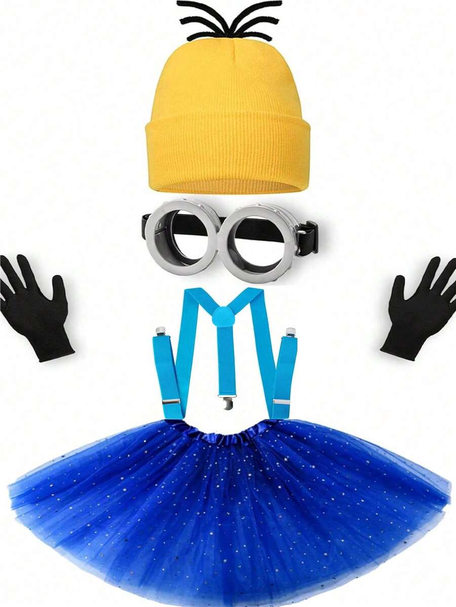 Women's Halloween Costume Set, 5Pcs Adult Cosplay Outfit With Yellow Knit Hat, Goggles , Dance Party Dress-Up Kit - Dance Party Costume 5PCS - View 1