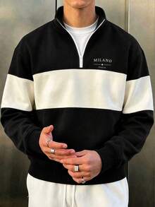 Men's Autumn/Winter Casual Fashion Versatile Color-Block Minimalist "MILANO" Print Comfortable Half-Zip Long Sleeve Sweatshirt - Black - View 1