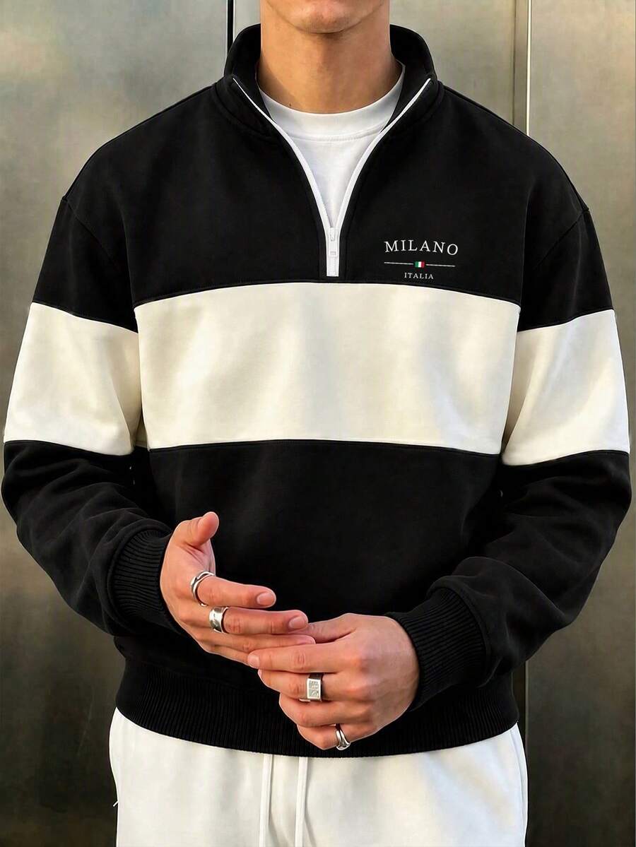 Men's Autumn/Winter Casual Fashion Versatile Color-Block Minimalist "MILANO" Print Comfortable Half-Zip Long Sleeve Sweatshirt - Black - View 1