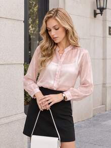 SwallowLucky Plus Size Women's Semi-Sheer Shiny Blouse, Stand Collar Button Front Long Puff Sleeve Shirt, Elegant Top For Spring Autumn Daily Commute - Baby Pink - View 5