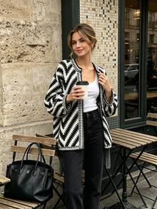 Women's Autumn/Winter Open Front Argyle Contrast Color Loose Fit Wide Sleeve Fashion Versatile Cardigan - Black and White - View 5