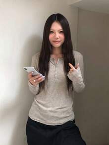 American Vintage Striped Deep U-Neck Button Long Sleeve T-Shirt - Apricot - View 4