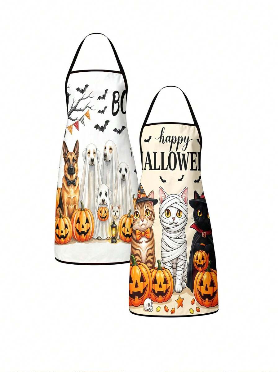 1pc/2pcs/4pcs Spooky Cute Halloween Printed Apron, Pumpkin Lantern Ghost Black Cat Spiderweb Bat Autumn Leaf Design, Adjustable Halter Neck Cooking Apron, Polyester Lightweight Apron, Halloween Party Decor, Chef Apron For Baking & Pumpkin Carving - Multicolor - View 1