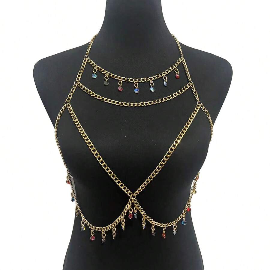 1pc Halloween Multi-Pendant High-End Metal Chest Chain, Skin-Friendly Alloy Material, Island Vacation Swimsuit Halloween Limited Edition Decorative Chest Jewelry Accessory - Multicolor - View 1