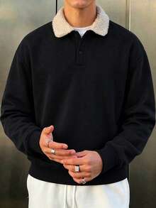 Men's Spring/Autumn/Winter Fashion Casual Versatile Patchwork Minimalist Lamb Fleece Collar Sweatshirt - Black - View 3