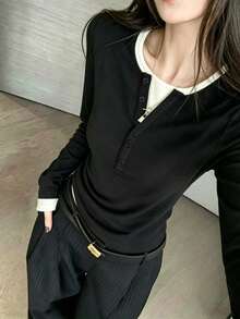Contrast Color 2 In 1/Deconstructed Daily Home Early Autumn Long Sleeve Women's T-Shirt - Black - View 1