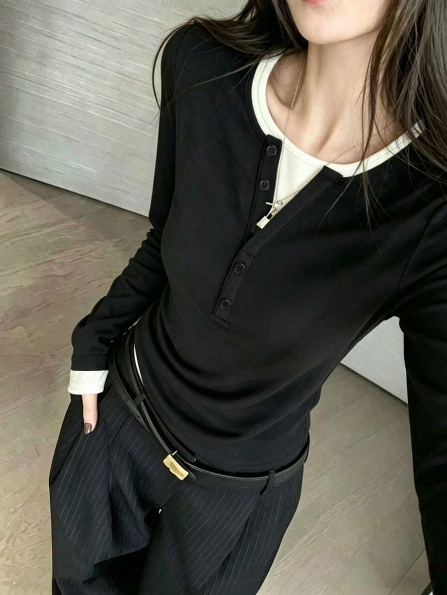 Contrast Color 2 In 1/Deconstructed Daily Home Early Autumn Long Sleeve Women's T-Shirt - Black - View 1