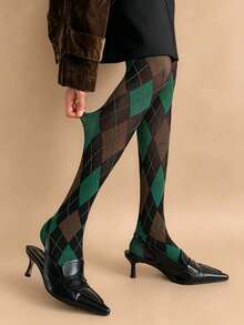 1 Pair Vintage Diamond Checkered Women's 80D Medium Thickness Tights, Shaping, Slimming, Warm, Vintage Colorful Diamond Checkered Pattern Slimming Striped Colorblock Opaque Tights, Suitable For Spring And Autumn - Multicolor - View 8