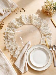 HXARTMIS 1pc Round Transparent PVC Placemat, Floral Embroidered Lace Scalloped Edge Table Mat, Gold/Silver 2 Colors Available, 40cm/15.75in Decorative Table Mat, Suitable For Dining Table, Wedding Party, Daily Home Decor - Gold - View 1