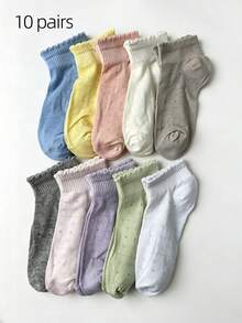 1/5/10 Pairs Women's Mesh Bow Knot Socks, Sweet Ruched Light Color Ankle Socks With Sweet Lettuce Edge Cuff, Soft Short Socks Suitable For Daily Wear, Women's Cotton Socks - Multicolor - View 8