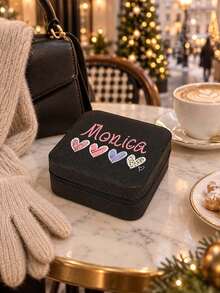 Personalized Custom Name Jewelry Box, Heart Embroidery Portable Travel Jewellery Storage Case, Mini Ring Earring Necklace Organizer, Christmas Birthday Gift For Women - Multicolor - View 6