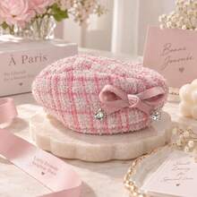 Pet Beret Hat And Bib Set, Suitable For Cats And Small Dogs, Pink And White Tweed Beret Hat With Bow And Rhinestone Details, Adjustable Pet Bib With Large Bow, Birthday Party Photo Props And Daily Wear Accessories - Multicolor - View 6