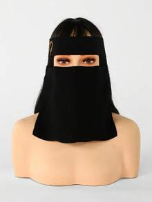 1pc Women's Solid Color Heart Gold Splatter Niqab, Lightweight Breathable Tie-Up Mask, Suitable For Daily Wear - Black - View 6