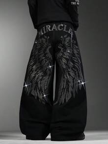 Men's Cool American Wide Leg Jeans, Textured Rhinestone Details, Loose Comfy Versatile All-Season Casual Pants (No Belt & Accessories Included) - Black - View 1