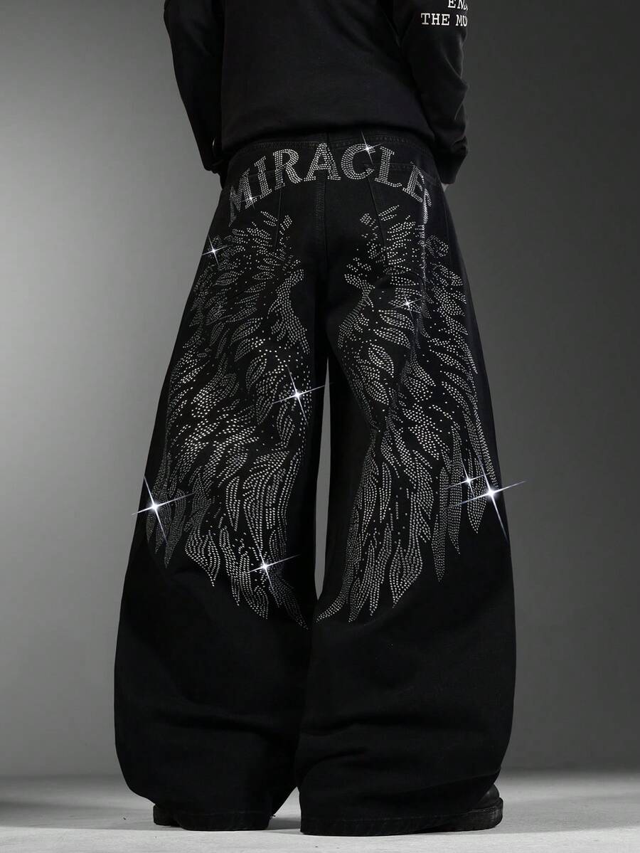 Men's Cool American Wide Leg Jeans, Textured Rhinestone Details, Loose Comfy Versatile All-Season Casual Pants (No Belt & Accessories Included) - Black - View 1