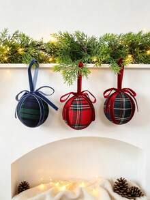 1pc 3.14 Inch Plaid Christmas Ball Ornament With Velvet Bow Ribbon, Suitable For Decorating Christmas Tree, Wreath, Garland And Fireplace Mantel, Also As Tabletop Decor, Perfect For Winter, New Year And Christmas Home Decoration - Multicolor - View 6