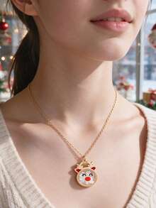 1Pc Christmas Reindeer Shaker Pendant Necklace For Girls, Cute Rudolph Red Nose Shaking Star Confetti Charm Necklace, Xmas Holiday Party Jewelry Gift - Multicolor - View 7