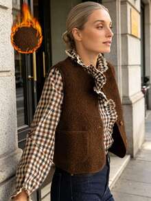 Women Fuzzy Warm Vest With Pockets Autumn Winter New Fashion Bestseller - Brown - View 1