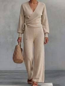Women's Solid Color Drop Shoulder Long Sleeve Wrap Knit Cardigan & Knit Wide Leg Pants Set, Casual Autumn/Winter Loungewear, Front Tie Design - Khaki - View 8