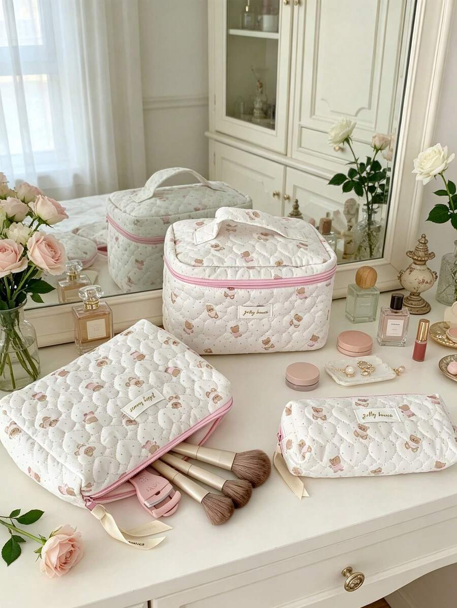 1pc Kawaii Quilted Cosmetics Bag Large Makeup Handbag Heart Pattern Beauty Pouch Portable Brushes Holder Pencil Case Lightweight Travel Toiletry Bags - Baby Pink - View 1