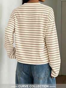 Women's Striped Round Neck Long Sleeve Plus Size Knit T-Shirt, Regular Length Medium Stretch, Comfortable Autumn Basic Top - Khaki - View 7