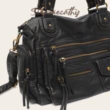 STEPHIECATHY Solid Color Washed PU Leather, Zipper Closure, Multi-Pocket Design, Women's Shoulder Crossbody Bag, Casual & Practical, Suitable For Daily Life - Black - View 3