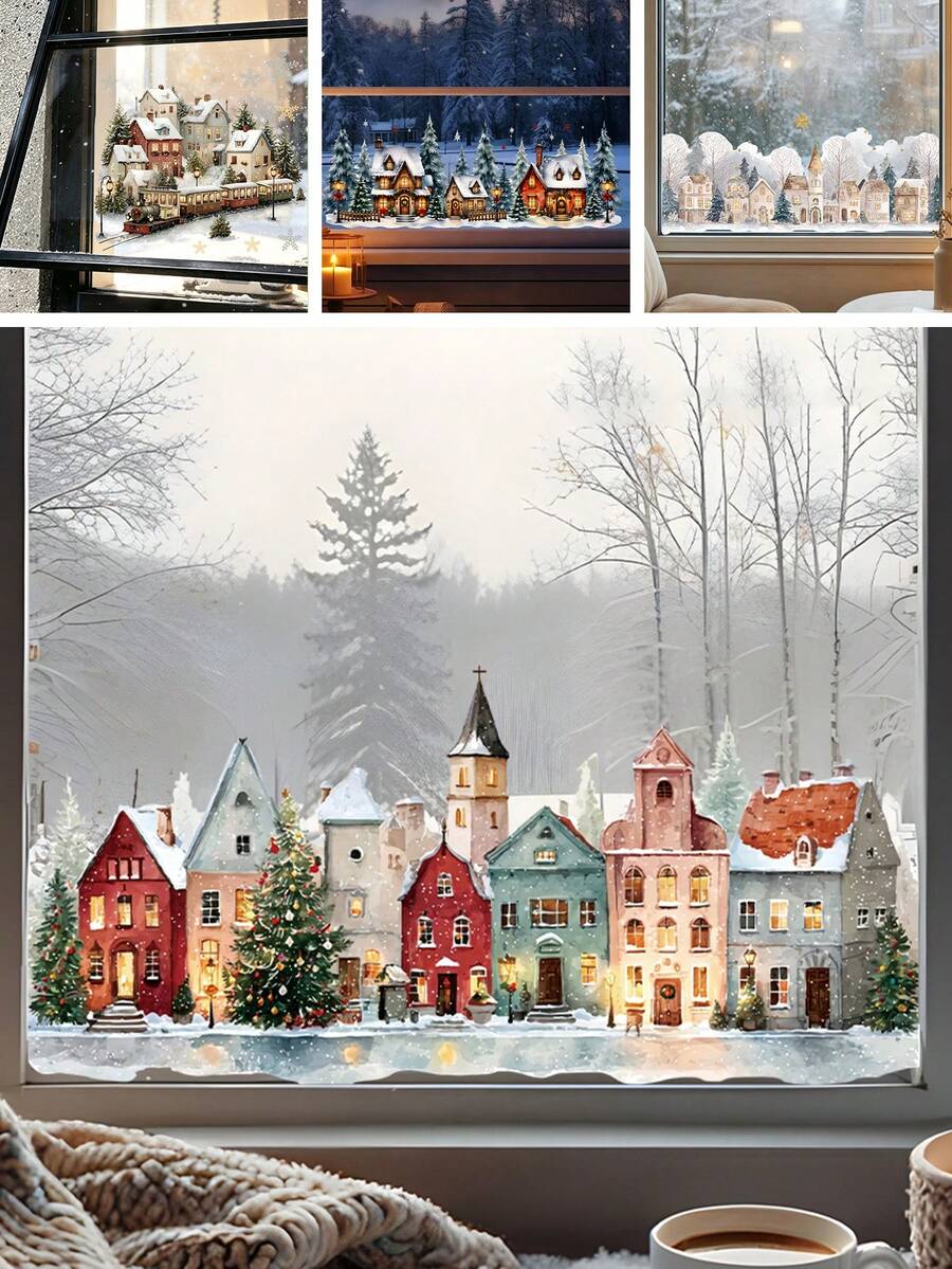 1Pc Christmas Window Stickers, Watercolor Winter Village Town Window Decals, Self-Adhesive Wall Stickers For Kids Room Home Xmas Party Glass Decor - Multicolor - View 1