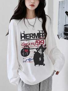 Kaos Wanita Lengan Panjang Leher Bulat, Motif Kucing & Huruf Baru Musim Semi/Gugur, Atasan Longgar Serbaguna Kasual Modis - Putih - View 10