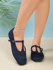 Hollow Mesh Breathable Women's Shoes, Retro Commute Lightweight Flat Shoes - Dark Blue - View 2