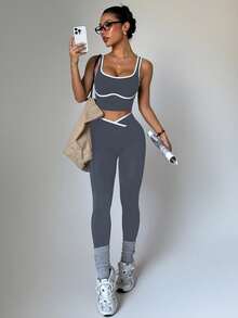 Women Fall Winter 2Pcs Workout Outfit, Contrast Piping Crop Tank & V-Cross High Waist Leggings, Tummy Control Butt Lift, Buttery Soft Yoga Set - Grey - View 1