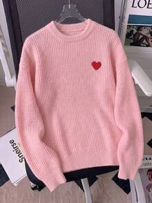 Women's Pink Knitted Long Sleeve Crew Neck Sweater, Heart Embroidery Design, Suitable For Autumn/Winter Wear, Cute, Comfortable And Slightly Stretchy - Pink - View 7
