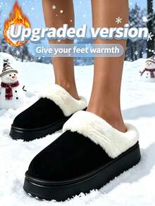女款秋冬保暖加絨保溫拖鞋,毛絨室內外通用家居鞋 - 黑色 - 查看 2