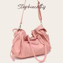 STEPHIECATHY Women's Casual Street Style Soft Washed PU Faux Leather Zipper Closure Zipper Pocket Braided Decor Large Capacity Fits 13 Inch Laptop Slouchy Tote Bag - Pink - View 5