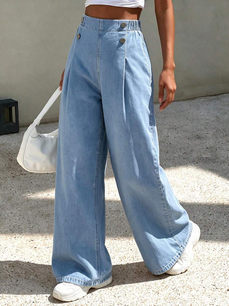 1pc Girls Casual Wide Leg Straight Leg Button Denim Jeans, Fashionable Blue, Fitted Size, Please Order One Size Up For Loose Fit - Medium Wash - View 1
