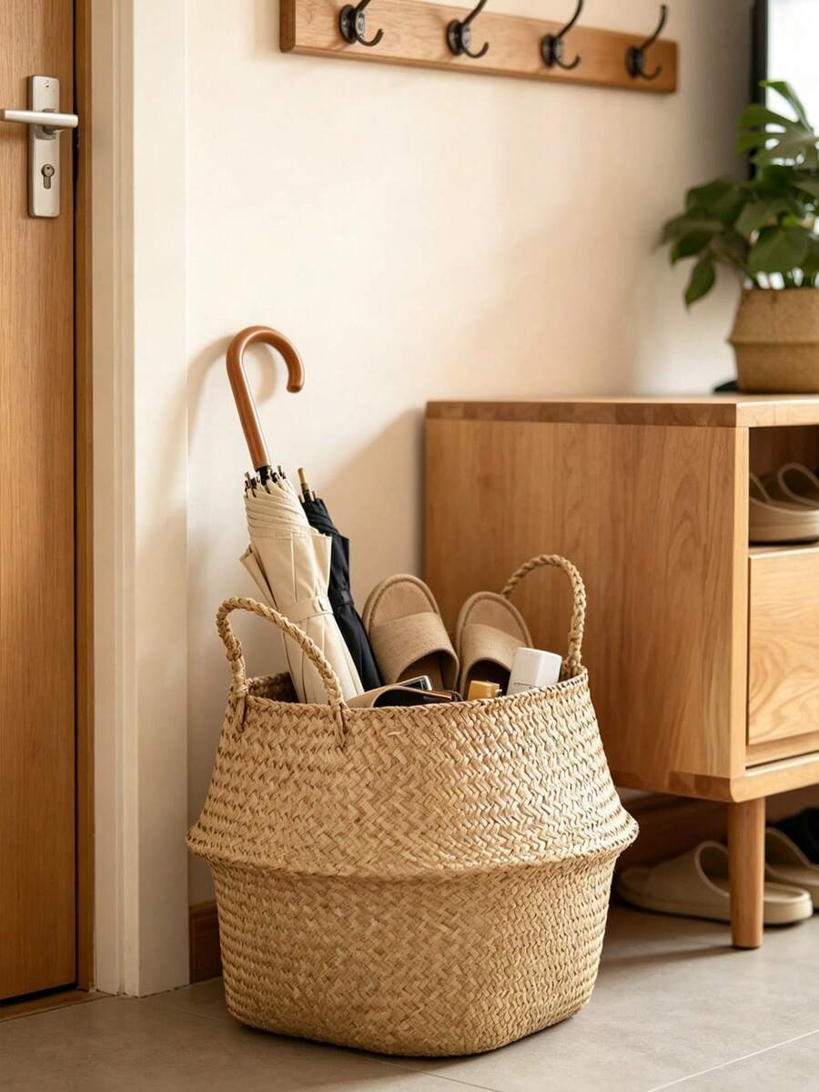 1pc Handmade Bamboo Oval Woven Basket, Multi-Purpose Decorative Vase, Suitable For Living Room, Plant Stand, Home Decor And Storage, Not Waterproof, Box, Cabinet, Outdoor Storage Rack - Woven Basket - View 1
